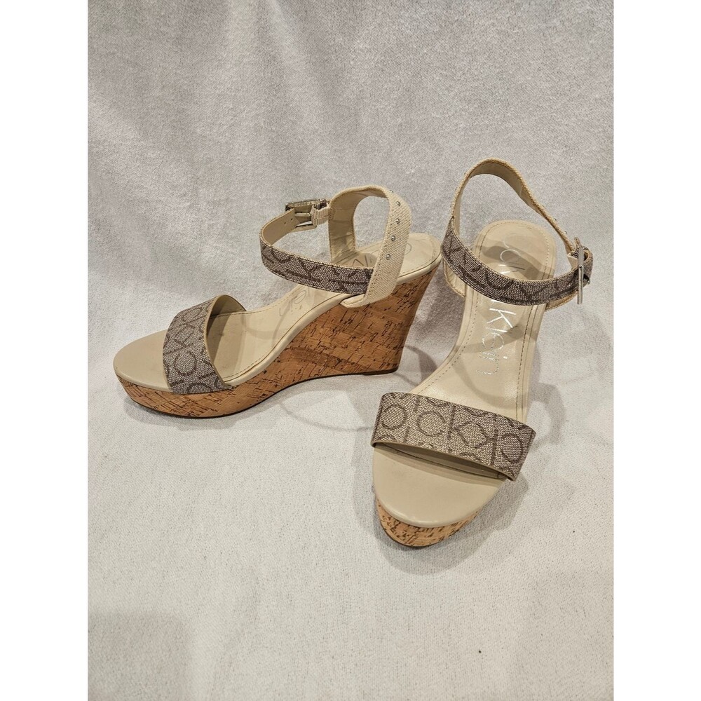 Calvin Klein Karmona Beige Logo Cork Wedge Sandals